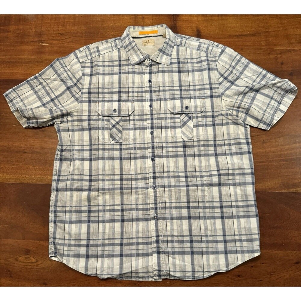 Tommy Bahama Jeans Shirt Mens Large L Plaid Blue Gray Short Sleeve Button Pocket